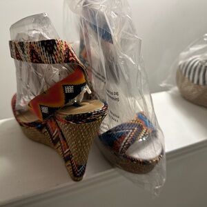 BCBG wedge sandals, multicolored with a 5in heel.